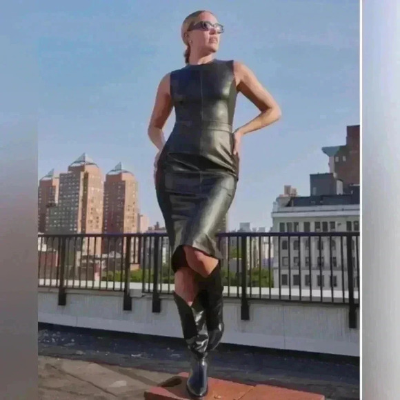 SPANX Leather Like Combo Shapewear Fitted Sheath Midi Dress in‎ Black Size M NWT - Picture 3 of 15